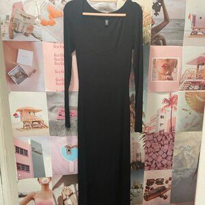 Skims Soft Lounge Long Sleeve Maxi Dress Ribbed Stretch Black Onyx Medium